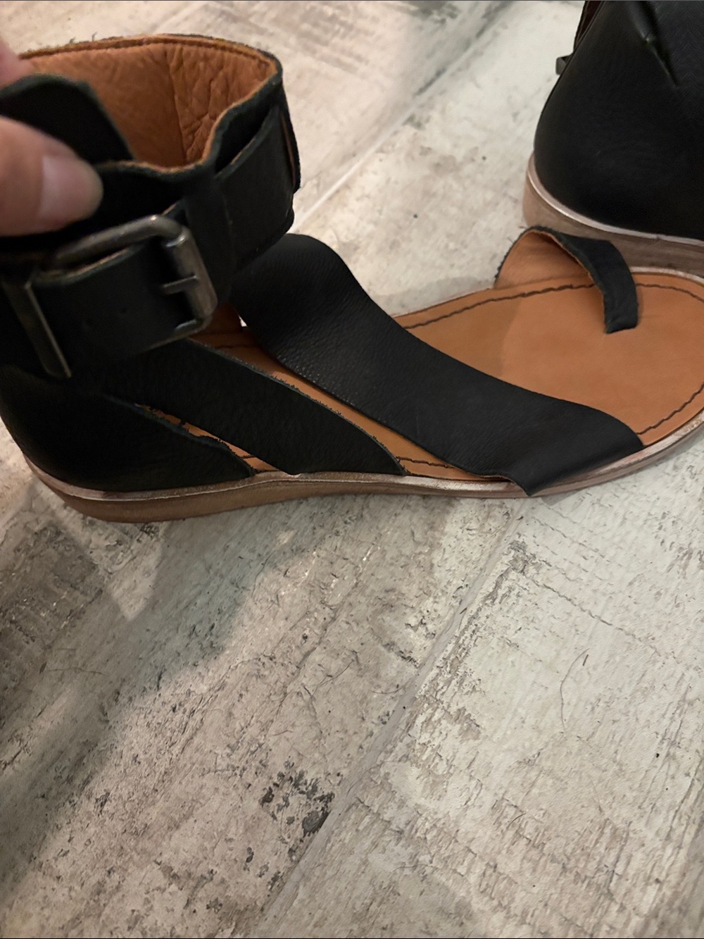 Free People Black Leather Ankle Wrap Sandals with Tan Footbed